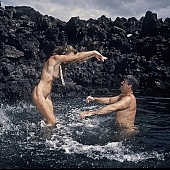 naturist, naked, stripped, nudist couple, nudist pair, rock coast, game, to splurge, naturist couple, beach, coast, nudism, naturism, attitude, pose, posture, nudist, stony, craggy, bay, gulf, clear, hygienic, pure, clean, Hawaii, Kona, Honokohau, Queen s bath, 1987, man, woman, bath, bath, bathe, bathing, water, stone, stones, rock, scrag, bush, CD 0090