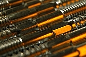 metal, screw, industry, industrial, lustre, female screw, steel, flat, gray, iron, tool, implement, mechanic, repairer, fitter, rig, gear, factory, fabrication, making, element, component, fixture, piece, metalworking, inanimate, lifeless, topic, matter, object, object, female screws, assembly, mixed, composite, light, lighting, close-up, macro, corrugation, striations, spiral, thread, yellow, orange, ochre, streak, welt, CD 0020, Kiss L�szl�, L�szl� Kiss