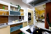 kitchen furniture, kitchen, furniture, built-in furniture, recent, trendy, style, furniture factory, cabinetmaker, of lath, kind of timber, panelling, , built-in kitchen units corner, washing up bowl, decor, furnishings, interior decoration, design of furniture, pieces of furniture, holder of furniture, glass, glossy case, ornamental glass, shelf, shelves, case, cases, front of door, bentwood of furniture, arched, curved, bent, counter, extractor fan, cooker, ceramics cooker, built-in cooker, built-in kitchen equipment, white, exhibition room, kitchen studio, interior, interiors, CD 0023, Kiss L�szl�, L�szl� Kiss