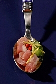 composition, food, delicious, healthy, vegetable, tomato, honeydew melon, melon, ham, leg of pork, cucumber, standing, calorie  poor, protein, red, reflection, cold collation, cold meat, cold buffet, breakfast, meal, snack, vitamins, victuals, comestible, edibles, smoked, smoke-dried, vegetarian, close-up, spoon, metal, to proffer, bidden, lemon zest, CD 0013, Kiss L�szl�, L�szl� Kiss
