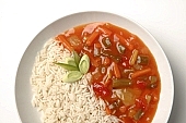composition, food, delicious, healthy, vegetable, tomato, pineapple, cabbage, bamboo shoot, onion, calorie  poor, protein, red, reflection, breakfast, meal, snack, vitamins, victuals, comestible, edibles, smoked, smoke-dried, vegetarian, close-up, standing, rice, steak, cut, basil, canned food, warm, letcho, chinese, uscious, sweet, acerbic, gravy, sauce, leaf, paprika, red capsicum, red pepper, bowl, plan, quadratic, CD 0013, Kiss L�szl�, L�szl� Kiss