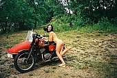 naked body, nude body, naturism, girl, young nudist, woman, motor, young girl, modell, lay, laid, blossom, bloom, flower, rose, in a state of nature, in the buff, in the nude,  naked motorcyclist, nudism, young naturists, attitude, pose, posture, naked, stripped, unclad, photography, adjusment, red, sidecar, motor with a sidecar, holidays, Delegyhaza, CD 0094