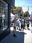 naturism, nudism, free body culture, campaign, naturist man, to promot, nudist man, street, streets, street-door, naked, stripped, unclothed, in a state of nature, in the buff, in the nude, hat, in a hat, respect, notable, remarkable, shtick, San Francisco, table, notice board, billboard, fkk, free, body, crop, advertisement, Golden Gate bridge, bridge, mayor, George Davis, CD 0074