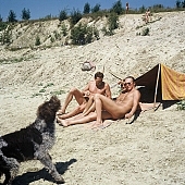 naturist, dame, lady, dog, nudist, naturist woman, naturist man, nudist women, nudist man, naturist girl, naturist family, naturist couple, sun, sunlight, sunbathing, recreation, relaxation, repose, rest, disengagement, distraction, resource, nature, summer, holidays, fry, swelter, health, saunter, bathe, bathing, as brown as a berry, happy, joyful, joyfully, glad, laughing, laugh, entertainment, getting acquainted, familiar, domesticity, near nature, beach, waterfront, lake, lake side, field naturist, dogs, to take a dog for a walk, game, Polish, Poland, Kryspinow, 1989, CD 0059