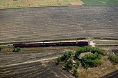 Bzmot, Szentes, Szentes city, Csongrad county, vehicle of transport, platform, rails, track, tracks, outskirts, green, tree, trees, house, top, roof, engine, engines, rail, Hungary, train, trains, transportation, traveling, railway carriage, car, carriage, coach, air photograph, air photo, air photos, aerials, aerial, plan, air, of birds eye view, regular, agriculture, field, meadow, CD 0029, Kiss Lszl, Lszl Kiss