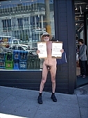 naturism, nudism, naturist man, to promot, nudist man, street, streets, street-door, naked, stripped, unclothed, in a state of nature, in the buff, in the nude, hat, in a hat, respect, notable, remarkable, shtick, San Francisco, table, notice board, billboard, fkk, free, body, crop, free body culture, advertisement, Golden Gate bridge, bridge, mayor, George Davis, CD 0074