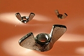 metal, screw, industry, industrial, lustre, female screw, steel, flat, gray, iron, tool, implement, mechanic, repairer, fitter, rig, gear, factory, fabrication, making, element, component, fixture, piece, metalworking, inanimate, lifeless, topic, matter, object, object, female screws, assembly, mixed, composite, red, reddish, spots, spotty, close-up, macro, wing nut, perspective, orange, Kiss L�szl�, L�szl� Kiss