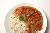 composition, food, delicious, healthy, vegetable, tomato, pineapple, cabbage, bamboo shoot, onion, calorie  poor, protein, red, reflection, breakfast, meal, snack, vitamins, victuals, comestible, edibles, smoked, smoke-dried, vegetarian, close-up, standing, rice, steak, cut, basil, canned food, warm, letcho, chinese, uscious, sweet, acerbic, gravy, sauce, leaf, paprika, red capsicum, red pepper, bowl, plan, quadratic, CD 0013, Kiss L�szl�, L�szl� Kiss