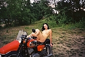 motor, girl, young nudist, woman, young girl, modell, lay, laid, blossom, bloom, flower, in a state of nature, in the buff, in the nude, naked body, nude body,  naked motorcyclist, nudism, naturism, young naturists, attitude, pose, posture, naked, stripped, unclad, photography, adjusment, red, sidecar, motor with a sidecar, holidays, Delegyhaza, CD 0095