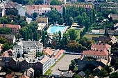 Mak�, Hungary, Csongrad county, handball ground, handball-ground, basketball ground, basketball-ground, critter, haze, steam, vapor, air, aerial, air photograph, air photo, pool, vat, water, sport, swim, air photos, panorama, church, shooting, green, tree, trees, summer, spring, aerials, birds eye view, outskirts, city center, garden city, garden suburb, house, houses, line of houses, street, streets, perspective, hazy air, building, buildings, road, roads, ways, garden, environment, ambience, neighbor, neighborhood, plan, square, gardens, rooftop, dingy, down at the heel, forlorn, frowzy, neglected, raffish, raunchy, scruffy, sleazy, uncared-for,  untented, of birds eye view, CD 0029, Kiss L�szl�, L�szl� Kiss