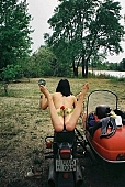 girl, woman, motor, young girl, modell, lay, laid, blossom, bloom, flower, in a state of nature, in the buff, in the nude, naked body, nude body,  naked motorcyclist, nudism, naturism, young naturists, young nudist, attitude, pose, posture, naked, stripped, unclad, photography, adjusment, red, sidecar, motor with a sidecar, holidays, Delegyhaza, CD 0094