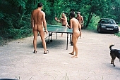 naturism, nudism, naturist, nudist, woman, man, young, naked, stripped, in a state of nature, in the buff, in the nude, unclad, sport, game, table tennis, pingpong, desk, camping, beach, Delegyhaza, 2003, CD 0094
