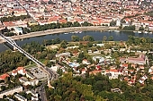 Szeged, Ujszeged, bridge, Tisza, river, riverside, floodplain, flood-basin, water, air photograph, air photo, birds eye view, town, city, bridge of downtown, city center, bath, beach, camping, grounds, parkland, forest, tree, trees, park, green belt, building estate, housing estate, , church, spire, Hotel Forras, house, houses, mansions, owner-occupied block, museum, theatre, Novotel Hotel, ship, inner port, boat, water house, floating house, building, buildings, scenary, scenery, pageant, 2007, CD 0042, Kiss Lszl, Lszl Kiss