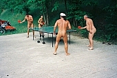 naked, stripped, group, nudism, nudist friends, event, competition, match, naturism, naturist, nudist, woman, man, naturist friends, fraternity, fellowship, young, in a state of nature, in the buff, in the nude, unclad, sport, game, table tennis, pingpong, desk, camping, beach, Delegyhaza, 2003, CD 0094