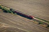 Bzmot, Szentes, Szentes city, Csongrad county, engine, engines, rail, tracks, Hungary, train, trains, transportation, traveling, railway carriage, car, carriage, coach, vehicle of transport, platform, rails, track, outskirts, green, tree, trees, air photograph, air photo, air photos, aerials, aerial, plan, air, of birds eye view, regular, agriculture, field, meadow, CD 0029, Kiss Lszl, Lszl Kiss