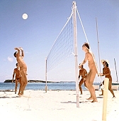 naturism, naturist, naturist man, group, nudist, nudist lady, naturist woman, naturist girl, nudist man, St Martin, Club Orient, Orient, girl, woman, club, man, white, clouds, unclad, stripped, naked, sunbather, palm, palms, mountain, apex, apices, sky, wet, peace, affection, liking, love, unclothed, adult, nature, in the nature, blue, sand, with sand, island, coast, beach, sea, billows, deep, wind, hair, pie in the sky, naturist beach, sport, game, volleyball, beach volleyball, match, ball, net, sportive, sportives, laughing, laugh, smile, together, delight, zest for life, summer, recreation, relaxation, repose, rest, warm, water, wave, gale, frothy, effervescent, 1988, CD 0034, aloft, stroke, drive