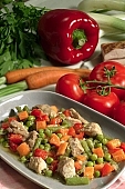 pea, green pea, meat, pork, bacon, carrot, French bean, haricot, string bean, red pepper, tomato, onion, vegetable, vegetable stew, health, healthy nutrition, healthy food, diet food, dietary, braised, boiled, oil, dripping, gravy, CD 0021, Kiss L�szl�, L�szl� Kiss