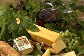 cheese, crescent roll, grapes, leaf, leaves, desk, food, fruit, dairy product, jug, pitcher, wine, drink, glass, packet, packing, pear, skin, Kiss L�szl�, L�szl� Kiss