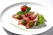 salami, food, eatable, edible, delicious, meal, breakfast, lunch, dinner, flower, leaf, green, ham, leg of pork, cold collation, cold meat, cold buffet, serv, serving, victuals, comestible, edibles, smoked, smoke-dried, meat, bacon, salad, vegetable, vegetarian, healthy, healthy lifestyle, vitamins, tomato, plate, olive, picker, reel, roll, roller, furl, blossom, bloom, Kiss L�szl�, L�szl� Kiss