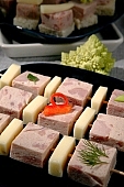 composition, food, delicious, healthy, dill, vegetable, tomato, paprika, ham, leg of pork, calorie  poor, protein, red, reflection, cold collation, cold meat, cold buffet, breakfast, meal, snack, vitamins, victuals, comestible, edibles, smoked, smoke-dried, vegetarian, close-up, standing, bread, brown bread, orange, egg, cheese, alga, algae, olive, pineapple, cube, steak, cut, Sidney, opera house, leek, broccoli, brocoli, chives, basil, leaf, red capsicum, red pepper, bowl, plan, quadratic, CD 0013, skewer, white, black, to spit, Kiss L�szl�, L�szl� Kiss