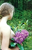 nudism, naturism, Caucasus mountain area, young naturists, young nudist, purple flower, flavor, aroma, odor, perfume, scent, Russia, woman, young, naturist, nudist, mountain, hillside, unclad, stripped, naked, plant, blossom, bloom, flower, greenery, fkk, INF, tree, light, shadow, mysterious, CD 0058