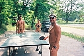 naturism, nudism, naturist, nudist, woman, man, naturist friends, fraternity, fellowship, young, naked, stripped, in a state of nature, in the buff, in the nude, unclad, sport, game, table tennis, pingpong, desk, camping, beach, Delegyhaza, 2003, CD 0094