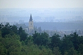 forest, village, valley, church, tower, spire, nature, countryside, light, sunlight, sunshine, religion, persuasion, tree, Kiss Lszl, Lszl Kiss