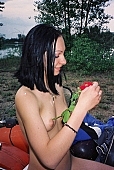 young naturists, motor, girl, blossom, bloom, flower, rose, naturism, young nudist, woman, young girl, modell, in a state of nature, in the buff, in the nude, naked body, nude body,  naked motorcyclist, nudism, attitude, pose, posture, naked, stripped, unclad, photography, adjusment, red, sidecar, motor with a sidecar, holidays, Delegyhaza, CD 0095