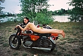 motor, young girl, modell, lay, laid, in a state of nature, in the buff, in the nude, naked body, nude body, naked motorcyclist, nudism, naturism, girl, young naturists, young nudist, attitude, pose, posture, naked, stripped, unclad, photography, adjusment, red, sidecar, motor with a sidecar, holidays, Delegyhaza, CD 0094,  naked motorcyclist