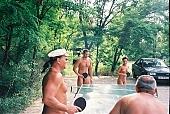 nudist friends, naturism, nudism, naturist, nudist, woman, man, naturist friends, fraternity, fellowship, young, naked, stripped, in a state of nature, in the buff, in the nude, unclad, sport, game, table tennis, pingpong, desk, camping, beach, Delegyhaza, 2003, CD 0094