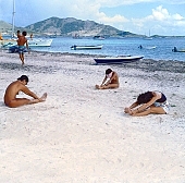 naturism, naturist, gymnastics, tableau, naturist lady, nudist, St Martin, Club Orient, Orient, girl, woman, club, nudist lady, naturist woman, naturist girl, unclad, stripped, naked, sky, wet, peace, affection, liking, love, unclothed, adult, floor, storied, storeyed, nature, in the nature, blue, sand, island, beach, coast, sea, billows, deep, wind, hair, pie in the sky, laughing, laugh, smile, together, delight, zest for life, port, dock, ship, keels, surface ships, boat, boats, warm, water, gale, CD 0034
