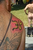 naturism, protester, tattoo, tattoed design, symbol, live billboard, live advetising hoarding, naked back, notice on the back, man, naturist demonstrative, naked demonstrator, naked programme, naturist, street procession, naturist group, environmental pollution, body painting, text of protest, air paint brush, nude man, bicycle procession, nudist men, woman, nudism, environmental, nudist, square, demo, cyclist, cycler, protest, notice, nudist group, notable, remarkable, environmentalists, group, coterie, concourse, advertisement, environment, ambience, conviction, straight-out, wholeheartedly, WNBR, USA, San Francisco, street, on the street, streets of San Francisco, women, gents, men, protesters, World Naked Bike Ride, confluence, body, naked, stripped, road, cycling tour, attention rising, bicycle, cycling, procession, fight against the dependence, California, 2007, CD 0075