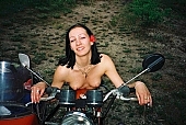 woman, motor, young girl, modell, lay, laid, in a state of nature, in the buff, in the nude, naked body, nude body,  naked motorcyclist, nudism, naturism, girl, young naturists, young nudist, attitude, pose, posture, naked, stripped, unclad, photography, adjusment, red, sidecar, motor with a sidecar, holidays, Delegyhaza, CD 0094