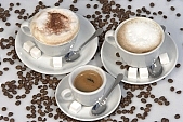 coffee, bean, beans, cup, cups, brown, black, drink, household, morning, tea, teatime, mug, saucer, spoon, foam, sugarcube, sugarcubes, cappuccino, milk, white coffee, steam, steamy, reeking, bitter, uscious, sweet, Kiss L�szl�, L�szl� Kiss