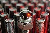 metal, screw, industry, industrial, lustre, female screw, steel, flat, gray, iron, tool, implement, mechanic, repairer, fitter, rig, gear, factory, fabrication, making, element, component, fixture, piece, metalworking, inanimate, lifeless, topic, matter, object, object, female screws, assembly, mixed, composite, light, lighting, close-up, macro, order, row, column, soldierly, regular, grouped, front of, corrugation, striations, spiral, thread, dark, shadow, red, dot, cap, Kiss L�szl�, L�szl� Kiss