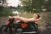 young naturists, motor, girl, naturism, young nudist, woman, young girl, modell, in a state of nature, in the buff, in the nude, naked body, nude body,  naked motorcyclist, nudism, attitude, pose, posture, naked, stripped, unclad, photography, adjusment, red, sidecar, motor with a sidecar, holidays, Delegyhaza, CD 0095