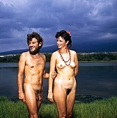 58, Hawaii, freik�rperkultur, nudist couple, nudist pair, Honokohau, Kona, fkk, naked, stripped, naturist couple, naturist, holidays, nudist, love, on holiday, recreation, relaxation, repose, rest, game, beach, coast, nudism, naturism, attitude, pose, posture, heat-wave, thunderclouds, they are walking, bay, gulf, summer, man, woman, bath, bathe, bathing, water, 1990, CD 0106