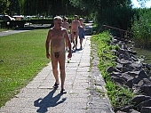 naturist, naturism, man, woman, family, summer, warm, shadow, umbrage, umbra, umber, shade, clouding, Balaton, coast, Balatonakali, Delegyhaza, Hungary, fkk, nudist, encampment, camping, bath, lavatory, premises, washing, grooming, sunlight, CD 0037
