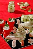composition, food, delicious, healthy, vegetable, tomato, curd cheese, ham, leg of pork, cucumber, mirror, calorie  poor, protein, red, reflection, cold collation, cold meat, cold buffet, breakfast, meal, snack, vitamins, victuals, comestible, edibles, smoked, smoke-dried, vegetarian, close-up, standing, CD 0013, stuffed tomato, bacon, fat, Kiss L�szl�, L�szl� Kiss