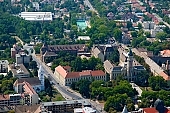 Hodmezovasarhely, Hungary, Csongr�d county, perspective, hazy air, air photograph, air photo, air photos, panorama, church, shooting, green, tree, trees, summer, spring, aerials, aerial, birds eye view, outskirts, city center, pool, vat, garden city, garden suburb, house, houses, line of houses, street, streets, building, buildings, road, roads, ways, garden, environment, ambience, neighbor, neighborhood, plan, square, gardens, rooftop, dingy, down at the heel, forlorn, frowzy, neglected, raffish, raunchy, scruffy, sleazy, uncared-for,  untented, of birds eye view, CD 0029