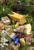 cheese, grapes, apple, leaf, leaves, desk, cover, spread, table cloth, food, fruit, wine, drink, glass, packet, packing, basil, crescent roll, dairy product, jug, pitcher, curd cheese, cube, Kiss L�szl�, L�szl� Kiss
