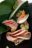 composition, food, delicious, healthy, kiwi, kivi, boat, ship, floor, storied, storeyed, bread, brown, vegetable, tomato, ham, leg of pork, olive, calorie  poor, protein, red, reflection, cold collation, cold meat, cold buffet, breakfast, meal, snack, vitamins, victuals, comestible, edibles, smoked, smoke-dried, vegetarian, close-up, standing, cheese, alga, algae, pineapple, cube, steak, cut, Sidney, opera house, leek, leaf, paprika, red capsicum, red pepper, bowl, trencher, salami, CD 0013, Kiss L�szl�, L�szl� Kiss