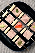 composition, food, delicious, healthy, vegetable, tomato, paprika, ham, leg of pork, calorie  poor, protein, red, reflection, cold collation, cold meat, cold buffet, breakfast, meal, snack, vitamins, victuals, comestible, edibles, smoked, smoke-dried, vegetarian, close-up, standing, bread, brown bread, orange, egg, cheese, alga, algae, olive, pineapple, cube, steak, cut, Sidney, opera house, leek, broccoli, brocoli, chives, basil, leaf, red capsicum, red pepper, bowl, plan, quadratic, CD 0013, dill, to spit, Kiss L�szl�, L�szl� Kiss