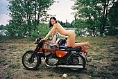 young girl, modell, sit, in a state of nature, in the buff, in the nude, motor, naked body, nude body, naked motorcyclist, nudism, naturism, girl, young naturists, young nudist, attitude, pose, posture, naked, stripped, unclad, photography, adjusment, red, sidecar, motor with a sidecar, holidays, Delegyhaza, CD 0094,  naked motorcyclist