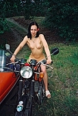 nudism, naturism, girl, young naturists, young nudist, attitude, pose, posture, naked, stripped, unclad, modell, photography, adjusment, motor, red, sidecar, motor with a sidecar, Delegyhaza, CD 0094, holidays