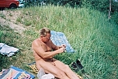 nude man, fishing-tackle, nudist man, to collar, naturist man, fisher, trolling-rod, fish, reel, line, blue sky, cloud, river, INF, riverside, in a state of nature, in the buff, in the nude, nudity, nude, nakedness, body, russian naturist man, nudism, naturist, man, naked, stripped, sun, sunshine, naturism, russian, russian naturist, nudist, waterfront, nature, outdoors, without doors, recreation, relaxation, repose, rest, entertainment, grass, in the grass, Moscow, Russia, CD 0097
