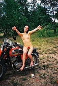 naturism, girl, young nudist, woman, motor, young girl, modell, lay, laid, blossom, bloom, flower, rose, in a state of nature, in the buff, in the nude, naked body, nude body,  naked motorcyclist, nudism, young naturists, attitude, pose, posture, naked, stripped, unclad, photography, adjusment, red, sidecar, motor with a sidecar, holidays, Delegyhaza, CD 0094
