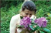 naturism, Caucasus mountain area, purple flower, flavor, aroma, odor, perfume, scent, Russia, nudism, woman, young, naturist, nudist, mountain, hillside, unclad, stripped, naked, plant, blossom, bloom, flower, greenery, fkk, INF, tree, light, shadow, mysterious, CD 0058