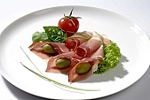 salami, food, eatable, edible, delicious, meal, breakfast, lunch, dinner, flower, leaf, green, ham, leg of pork, cold collation, cold meat, cold buffet, serv, serving, victuals, comestible, edibles, smoked, smoke-dried, meat, bacon, salad, vegetable, vegetarian, healthy, healthy lifestyle, vitamins, tomato, plate, olive, picker, reel, roll, roller, furl, blossom, bloom, Kiss L�szl�, L�szl� Kiss