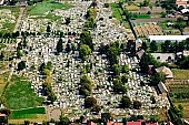 Mak, Csongrad county, Hungary, cemetery, churchyard, graveyard, hallowed ground, death, ending, passing, grave, mausoleum, tomb, bereavement, mourning, air photograph, air photo, air photos, aerials, birds eye view, concrete, town, city, aerial, garden city, garden suburb, faubourg, house, houses, line of houses, rooftop, crossroads, crossing, street, streets, car, road, cars, art museum, building, buildings, park, green, garden, environment, ambience, neighbor, neighborhood, everyday life, at home, countryside, aldermanry, plan, air, promenad, square, classical, of value, of high value, expensive, plot, building operations, development, gardens, beauty, beautiful, pretty, white, blue, brown, yellow, flat, gray, of birds eye view, regular, avenue, boulevard, squares, CD 0029, Kiss Lszl, Lszl Kiss